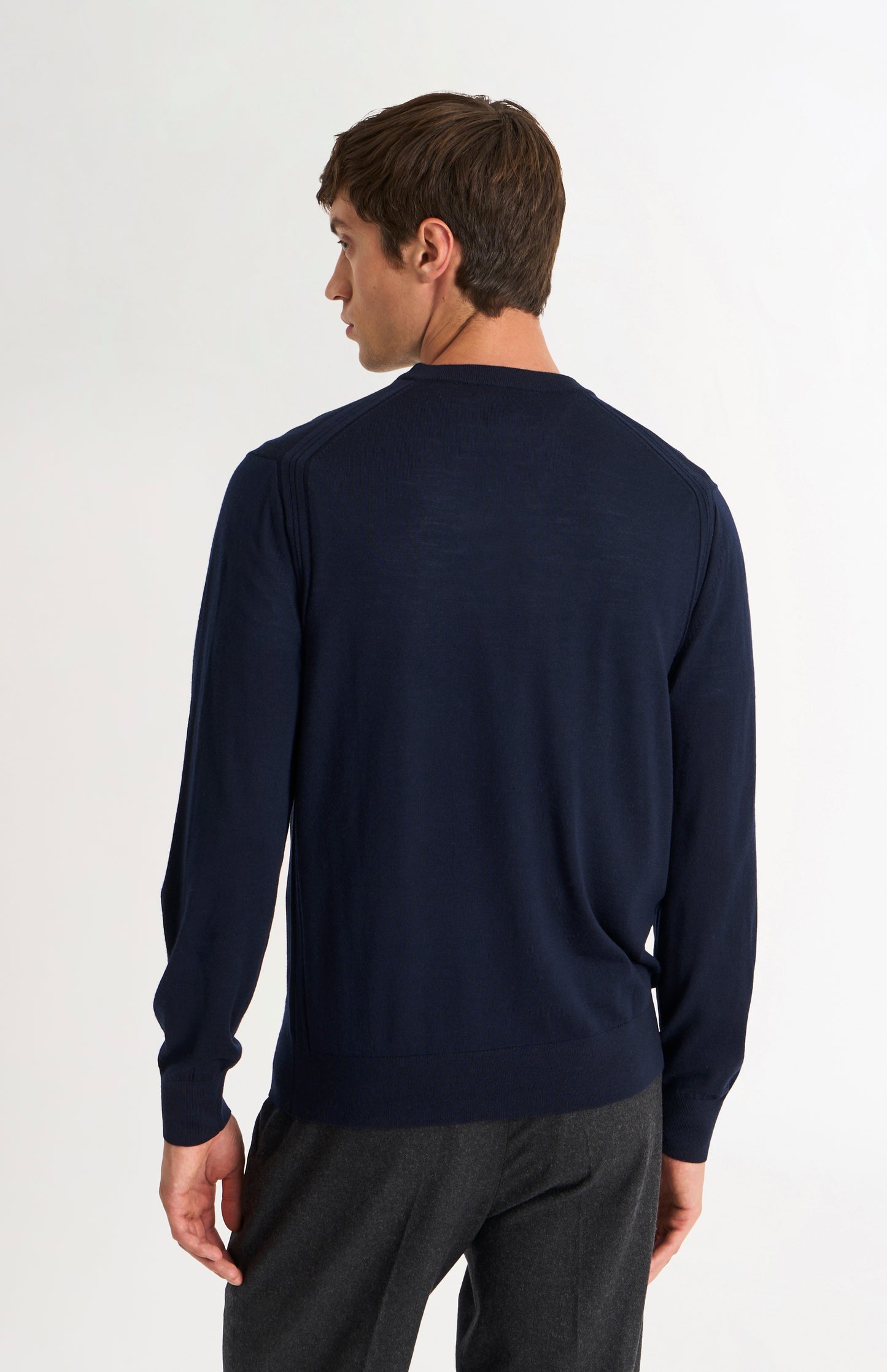 Pringle of Scotland Men’s Merino Wool Crew Neck Jumper In Navy Blue rear view