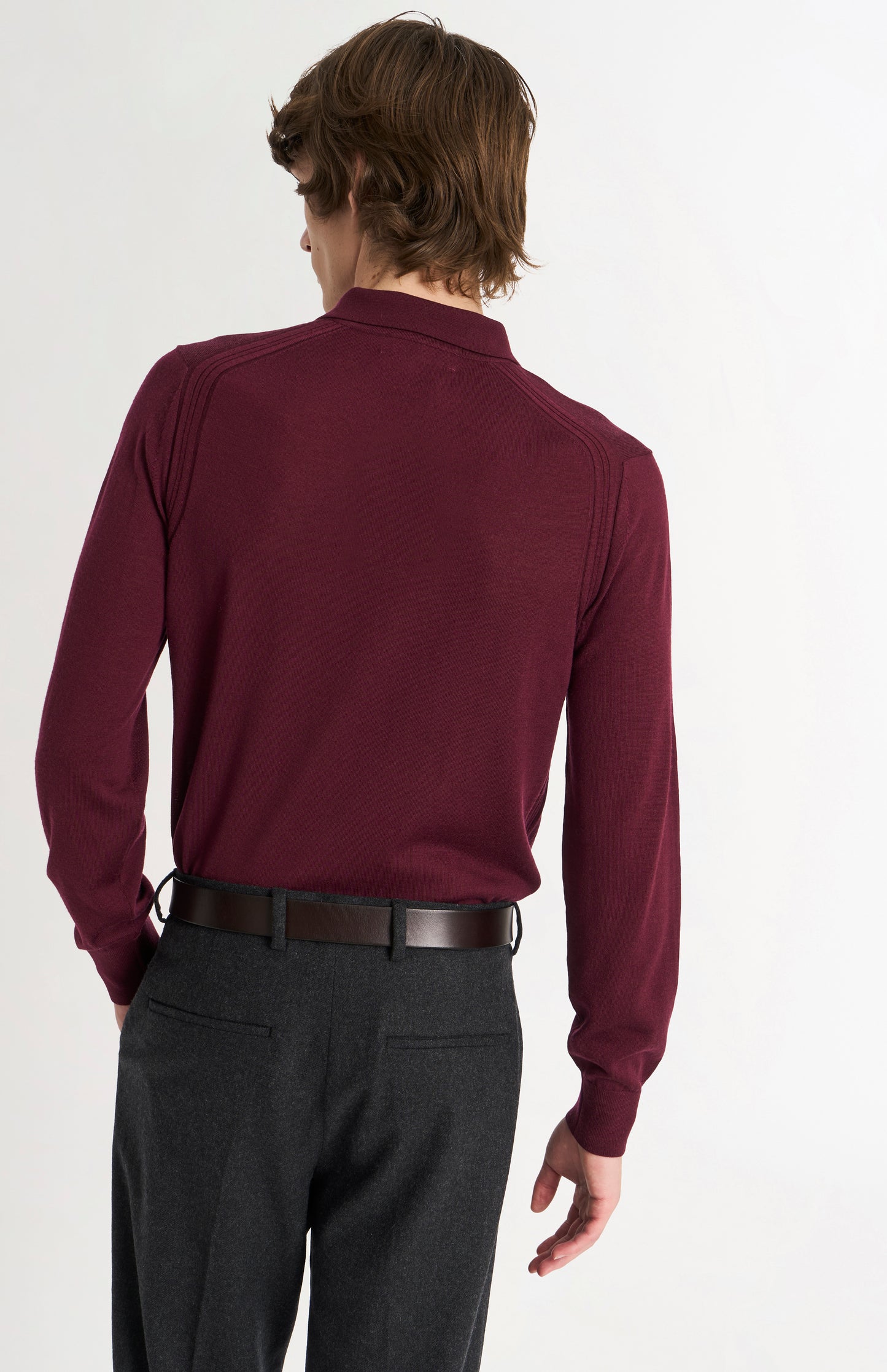Pringle Men's Polo Shirt Extra Fine Merino Wool Jumper in Burgundy rear view