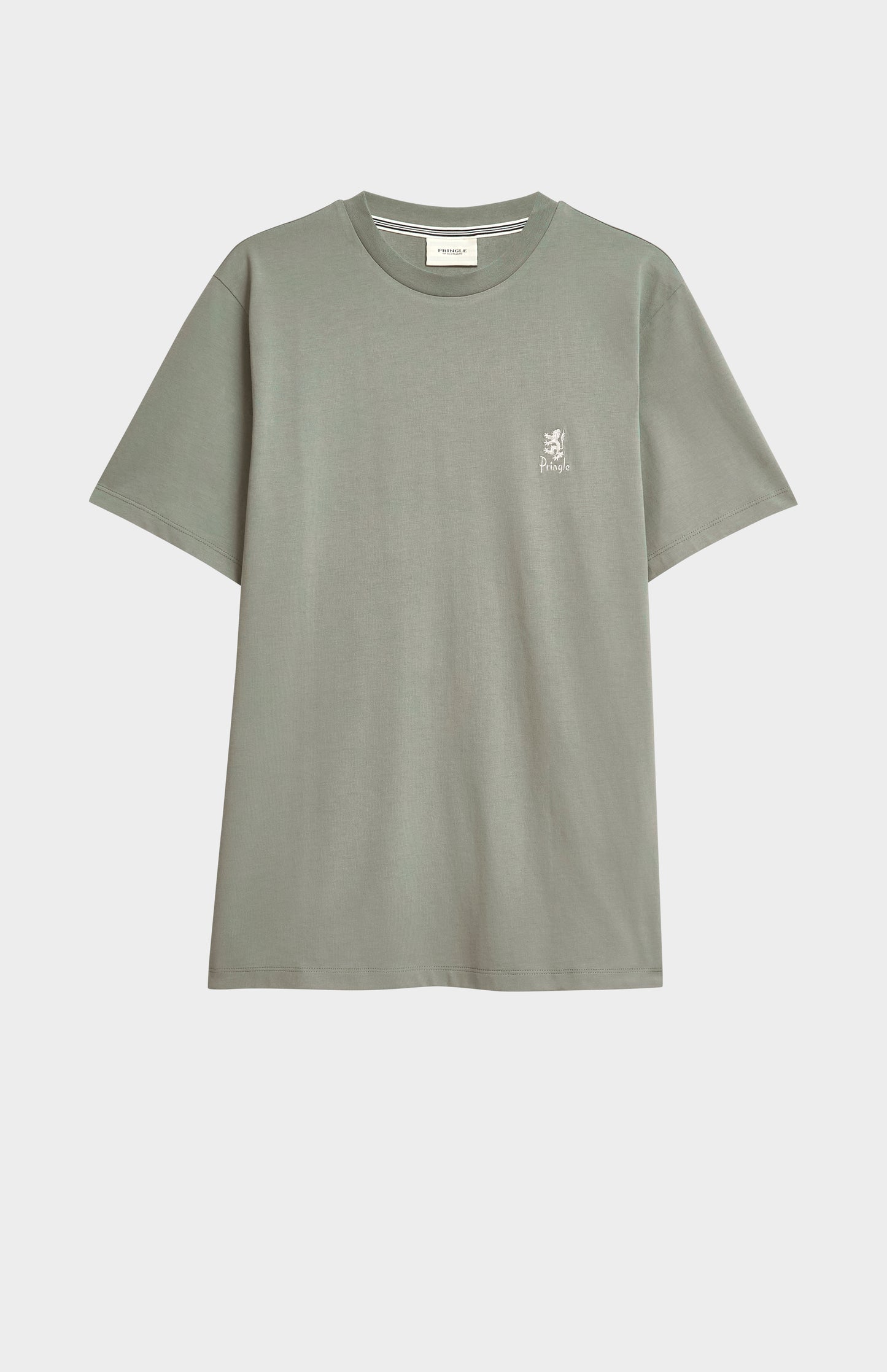 Green t-shirt with a small logo on a light gray background
