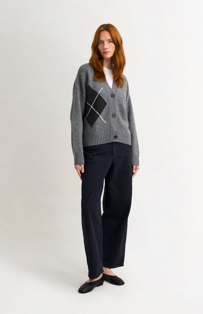 Women's Chunky Argyle Cashmere Cardigan in Grey and Charcoal