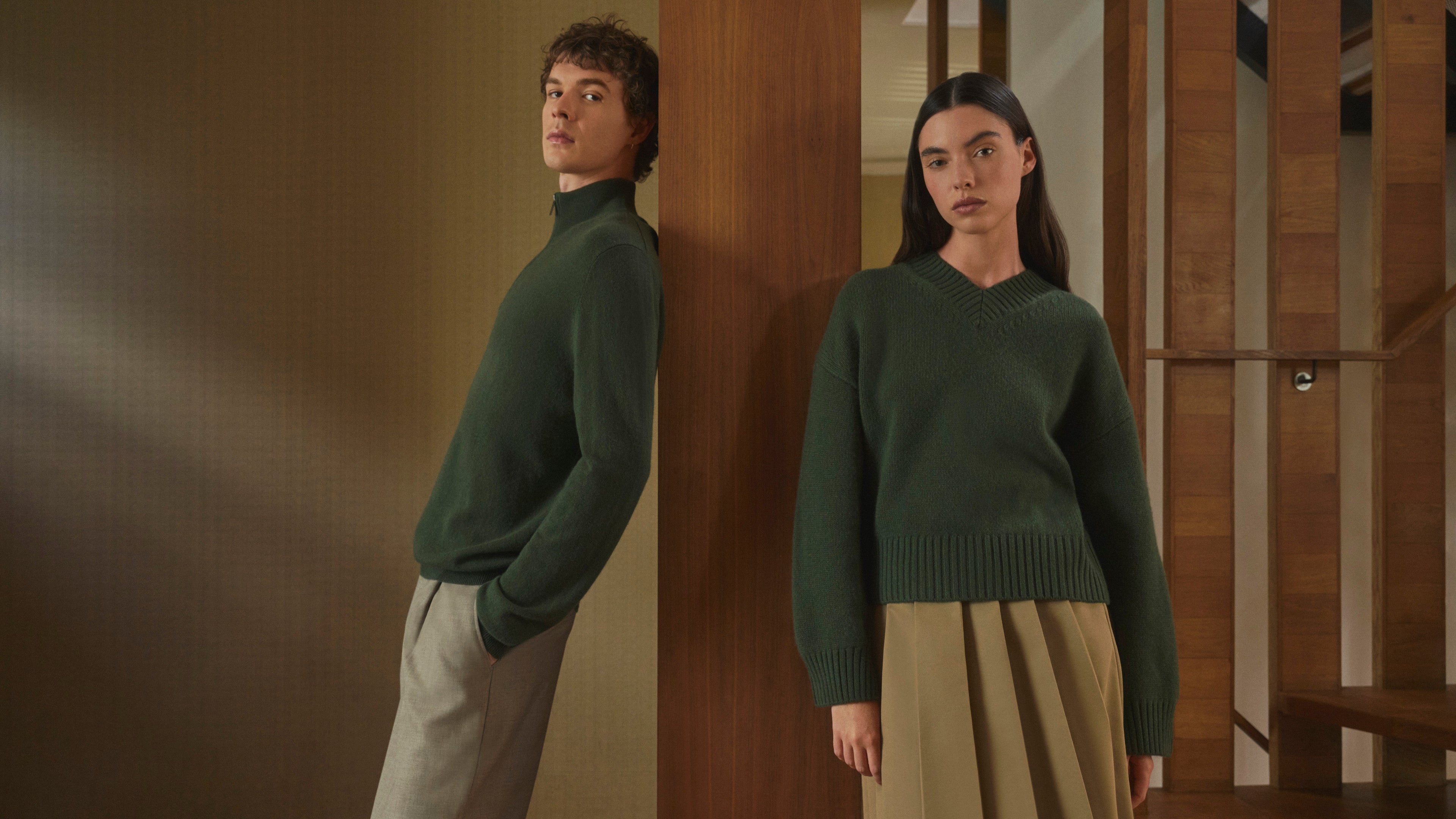 Both Female and Male model wearing Pringle of Scotland Cashmere Jumpers in Green