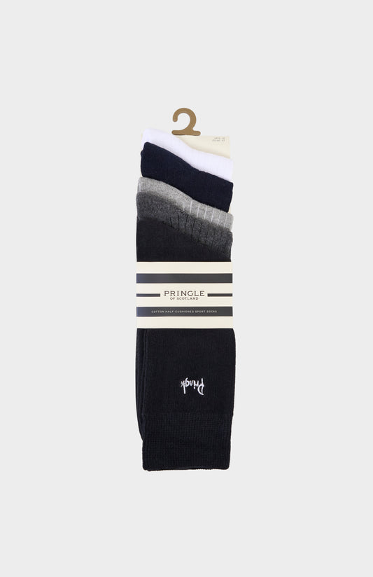 Set of different neutral coloured socks with Pringle branding on a white background
