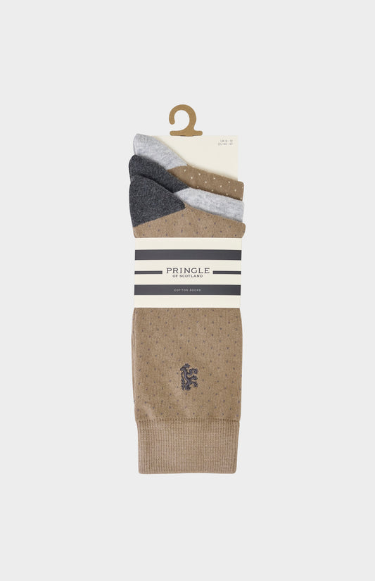 Camel coloured socks with grey accents and Pringle lion logo embroidery