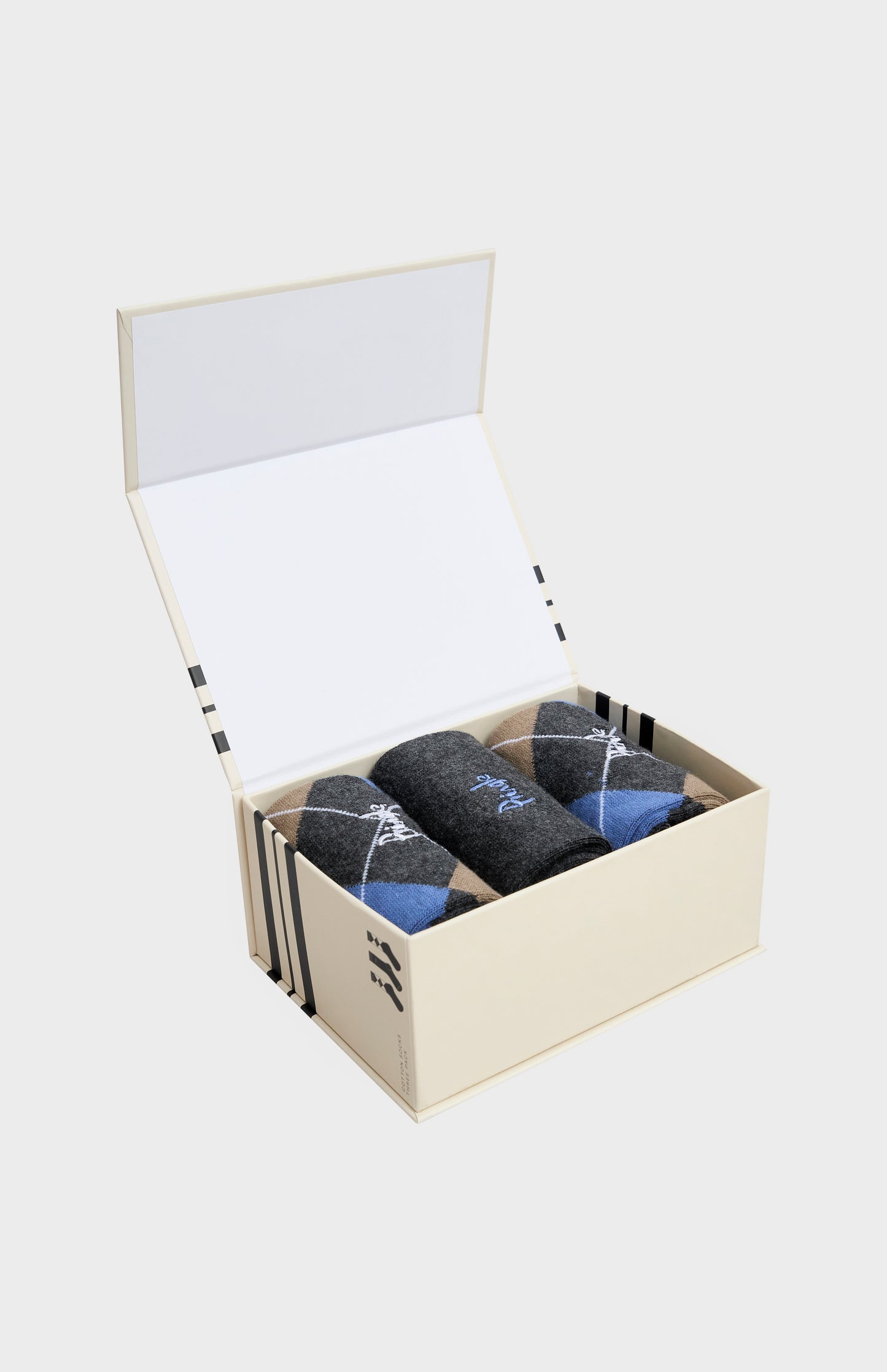 Men’s Argyle Cotton Jacquard Socks in Black, Charcoal & Camel boxed
