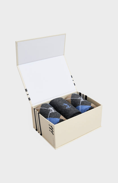 Men’s Argyle Cotton Jacquard Socks in Black, Charcoal & Camel boxed
