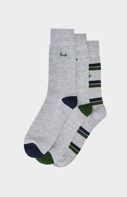 Two pairs of gray socks with green and navy accents on a light gray background