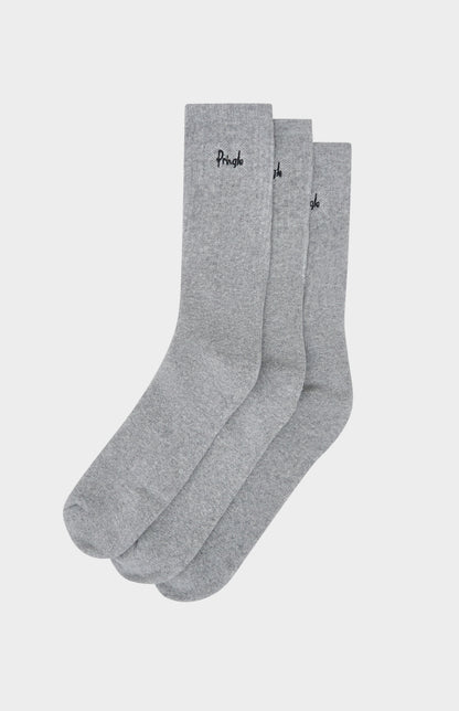 3 pairs of grey socks with Pringle of Scotland branding, on a white background