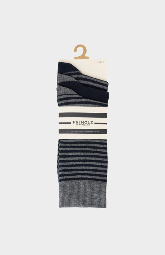 Grey socks with navy blue stripes and navy blue socks with grey accents