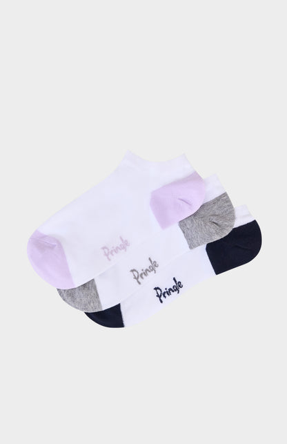 White socks with navy, grey, and purple accents and 'Pringle' branding on a beige background