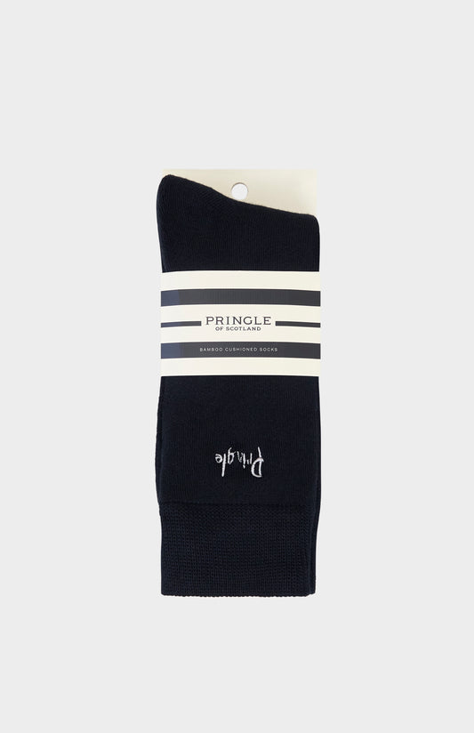 Black socks with Pringle branding against white background
