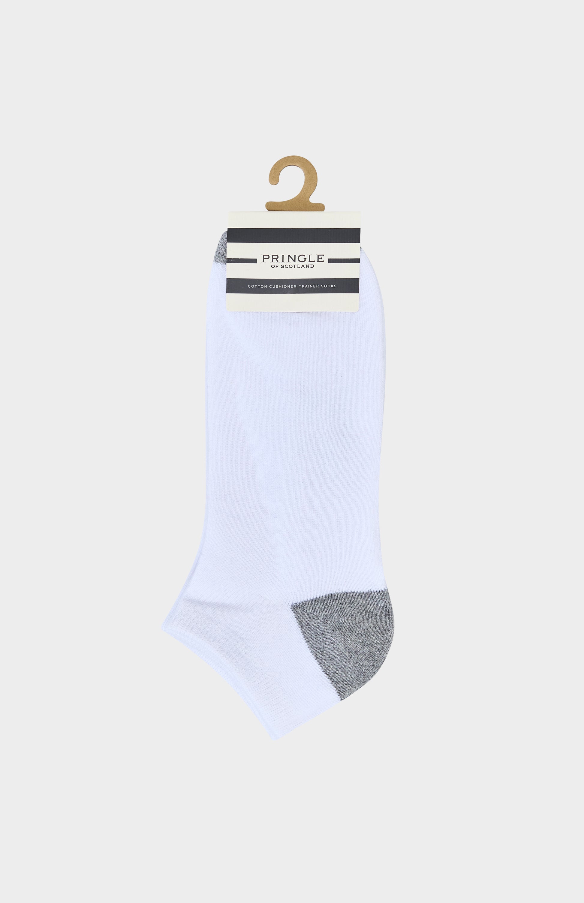 White ankle sock with gray toe and heel on a hanger against a white background