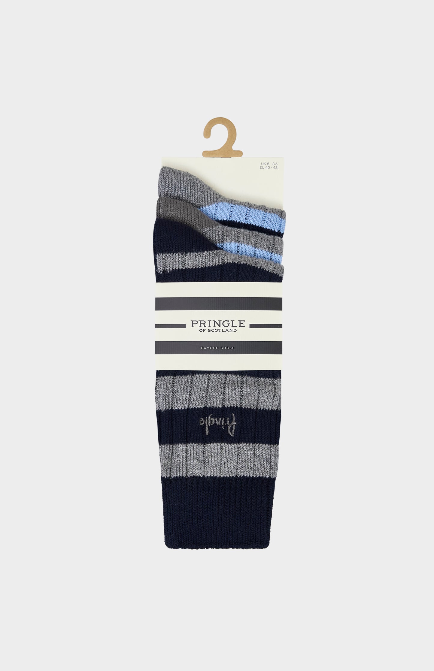 Set of striped socks on a hanger with Pringle branding.