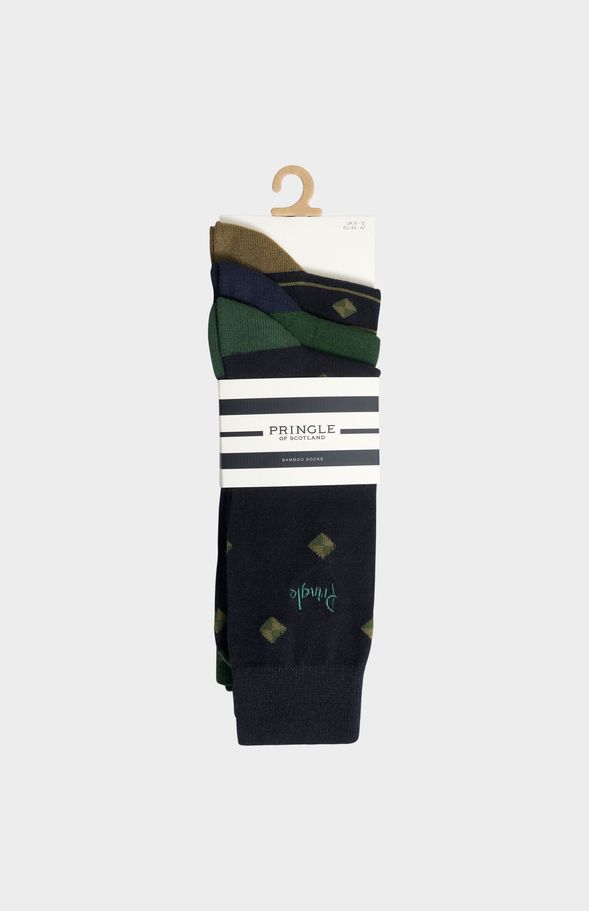 3-pack of Pringle Men’s Multi Green Bamboo Jacquard Socks with Square Diamond Pattern