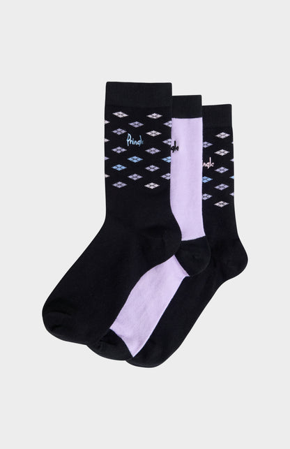 Pringle Women’s Black & Lilac Cotton Jacquard Socks with Diamond Pattern