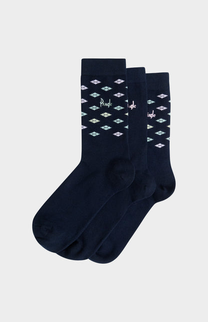 Pringle Women’s Navy Cotton Jacquard Socks with Square Diamond Pattern