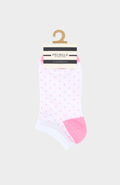 Pack of pink and white polka dot socks with a Pringle label on a white background