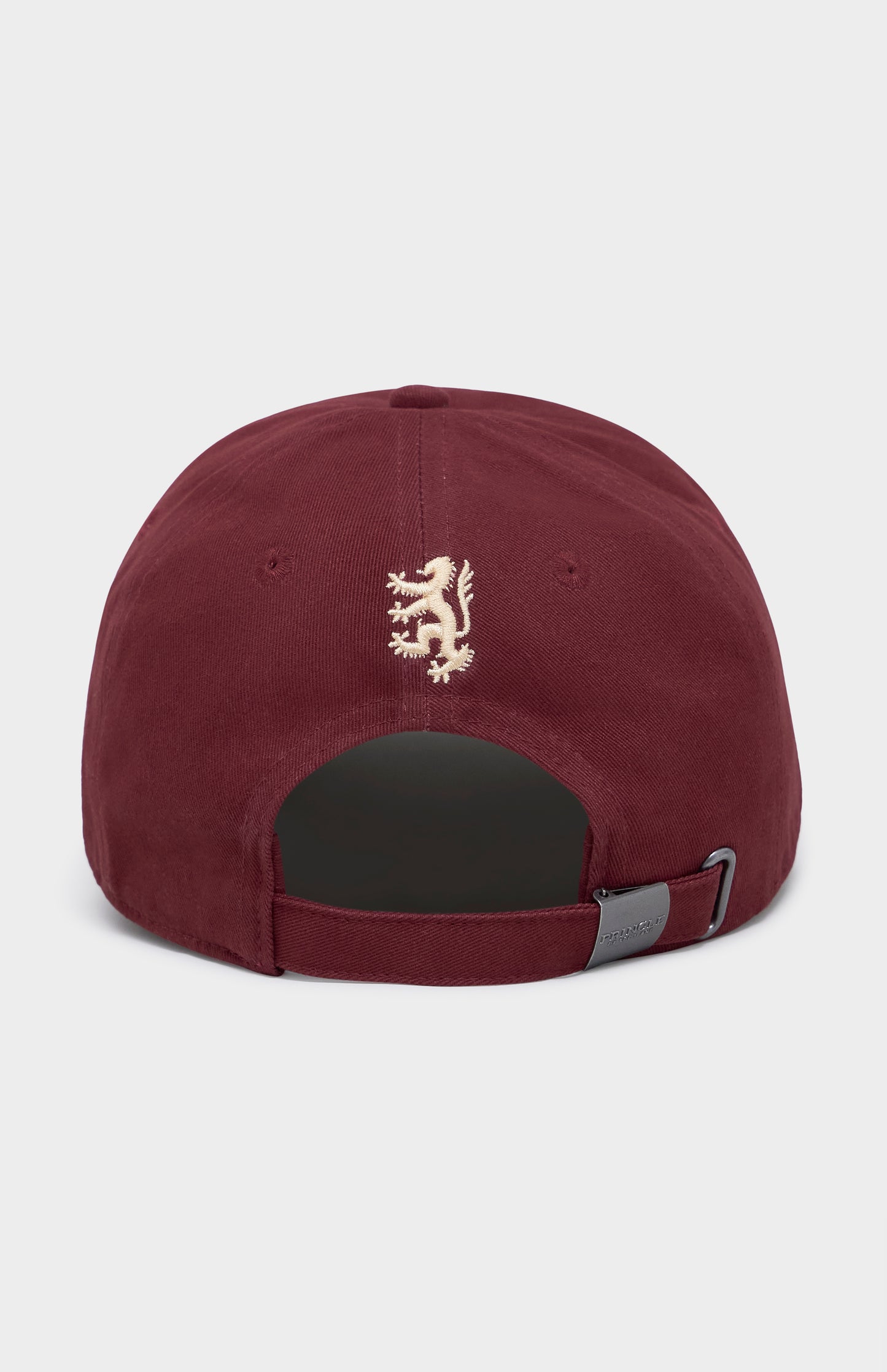 Maroon cap with a cream logo on the back against a white background