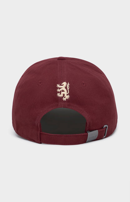 Maroon cap with a cream logo on the back against a white background