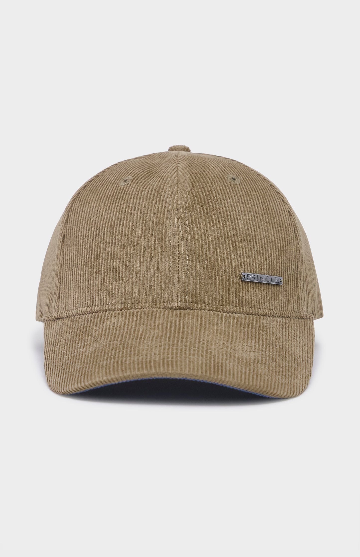 Beige cap with a small logo on a light gray background