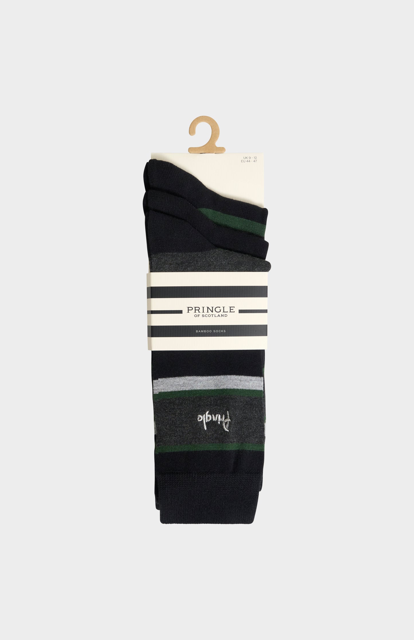 Pringle Men’s Bamboo Jacquard Stripe Socks in Black, Charcoal and Green in 3 pack