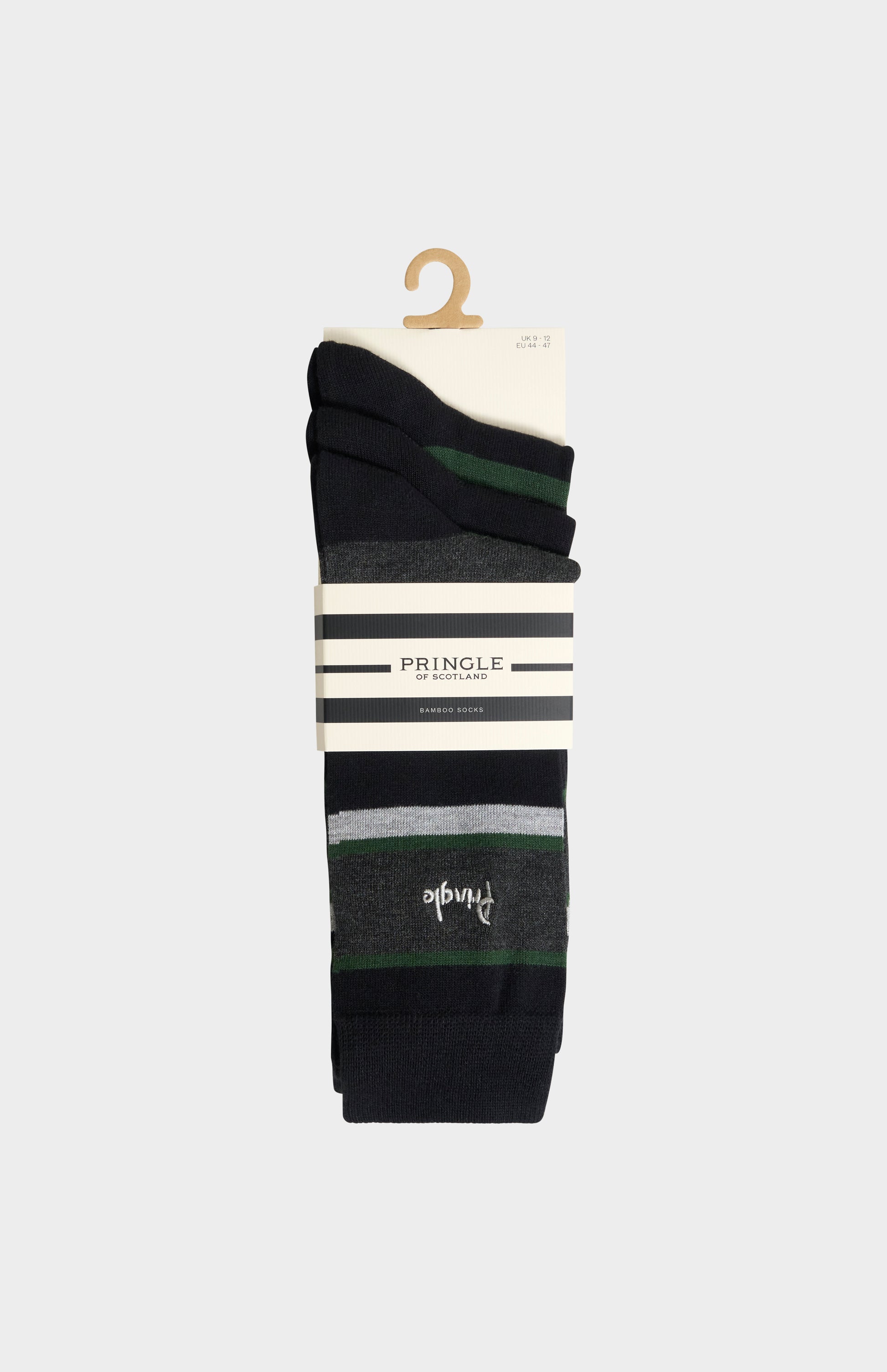 Pringle Men’s Bamboo Jacquard Stripe Socks in Black, Charcoal and Green in 3 pack