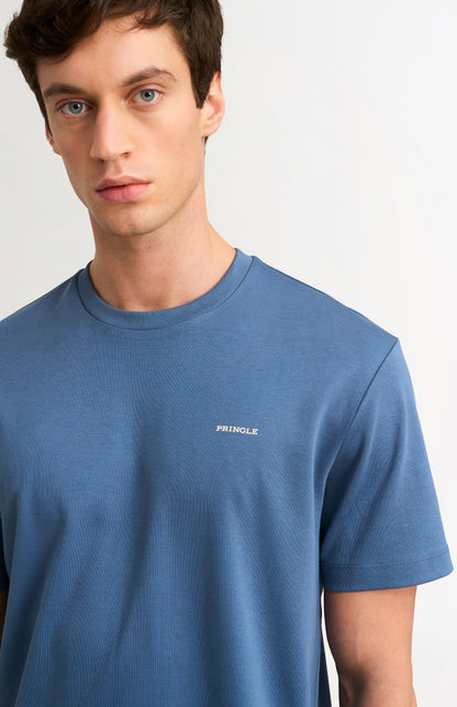 Man wearing a blue t-shirt on a white background