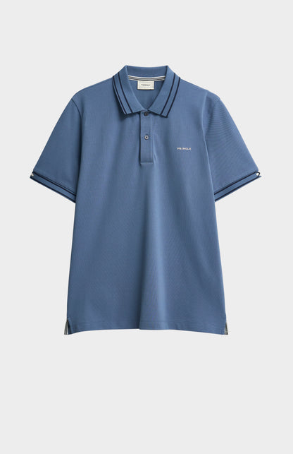 Men's Cotton Pique Polo Shirt With Diamond Jacquard Collar In Blue