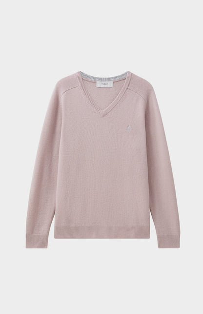 Pringle V Neck Lambswool Jumper in Dusty Pink with Contrast Tipping flat shot