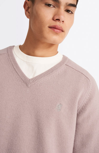 Pringle V Neck Lambswool Jumper in Dusty Pink with Contrast Tipping neck detail