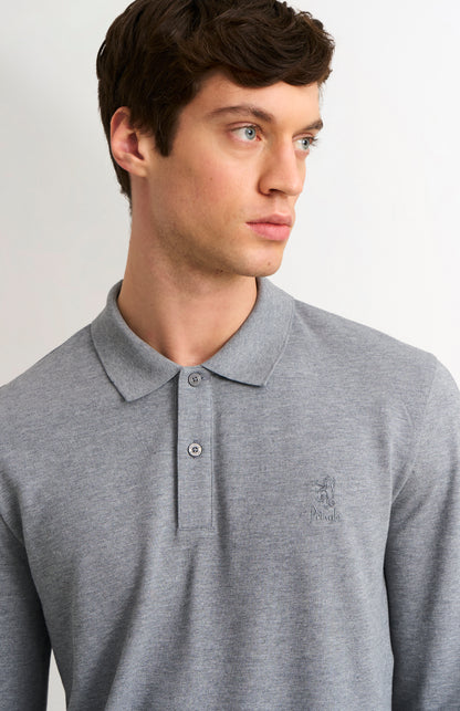 Men's Cotton Pique Long Sleeve Polo Shirt In Grey Melange