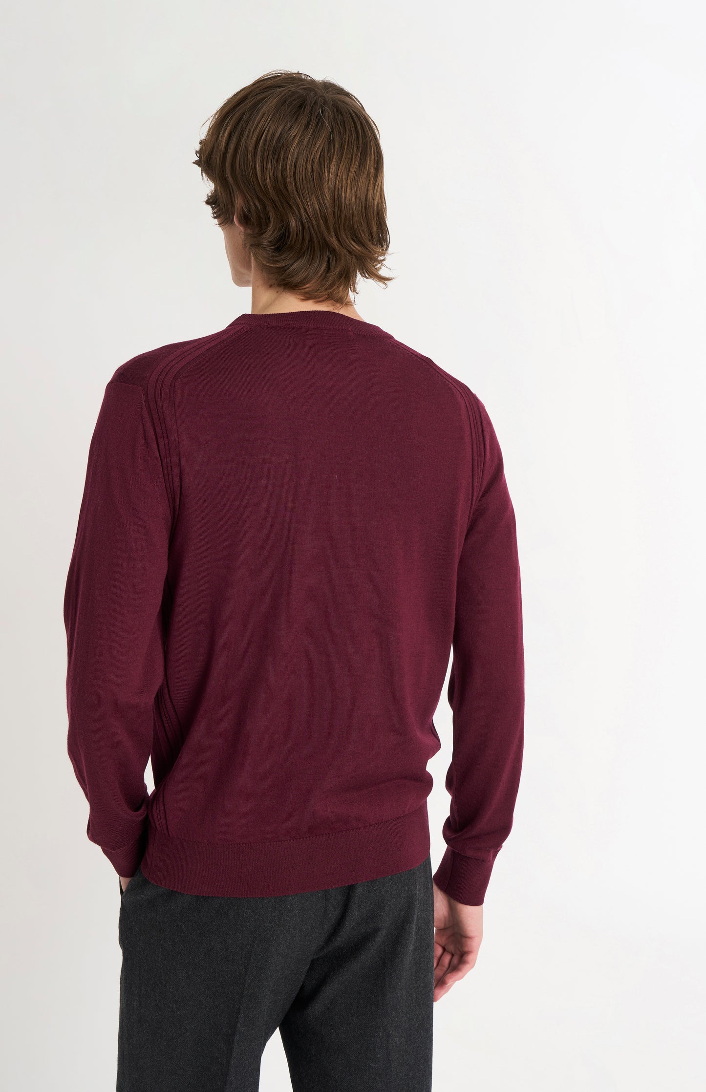 Pringle of Scotland Men’s Merino Wool Crew Neck Jumper In Burgundy rear view