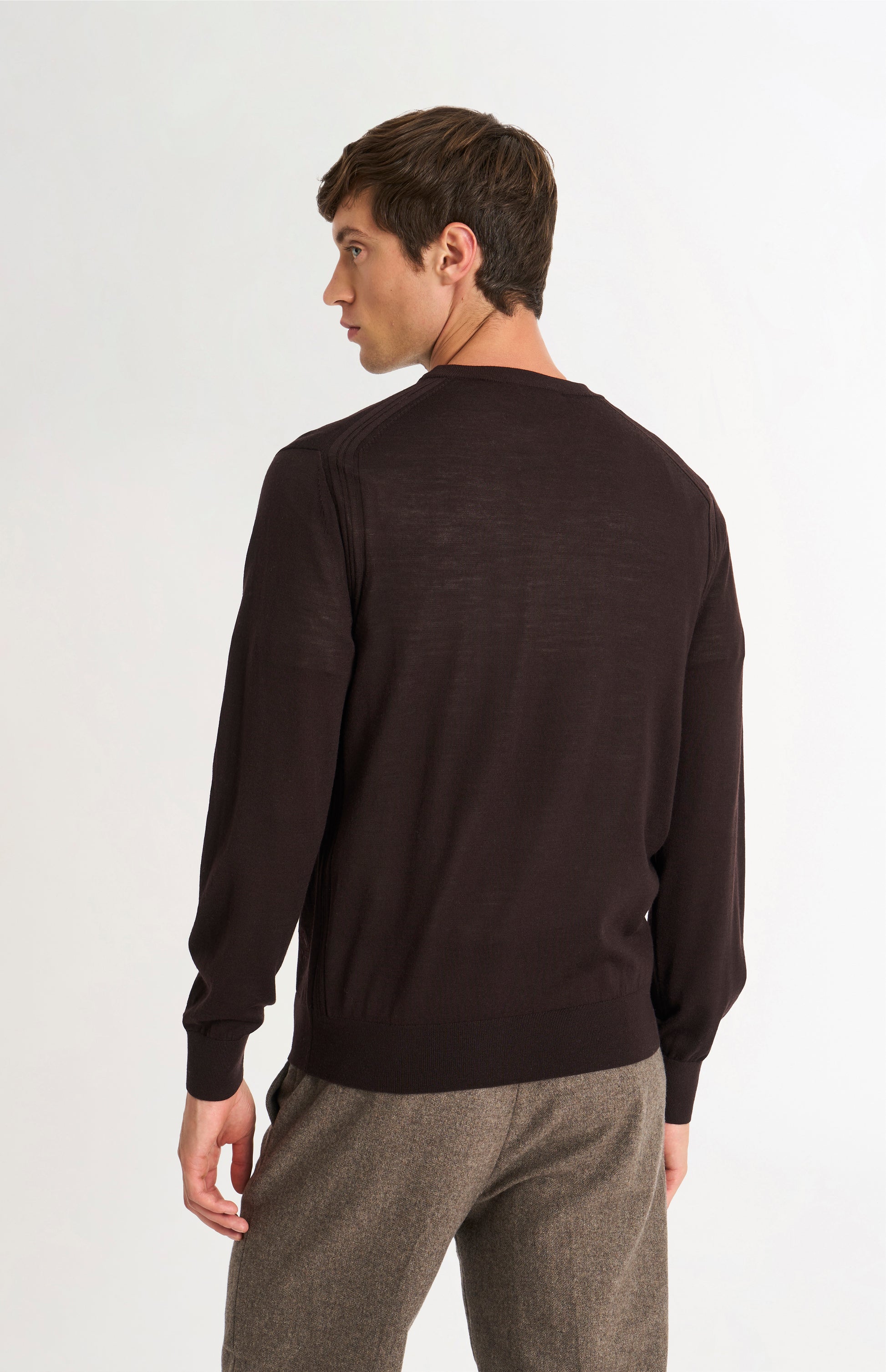 Pringle of Scotland Men’s Merino Wool Crew Neck Jumper In Dark Brown rear view