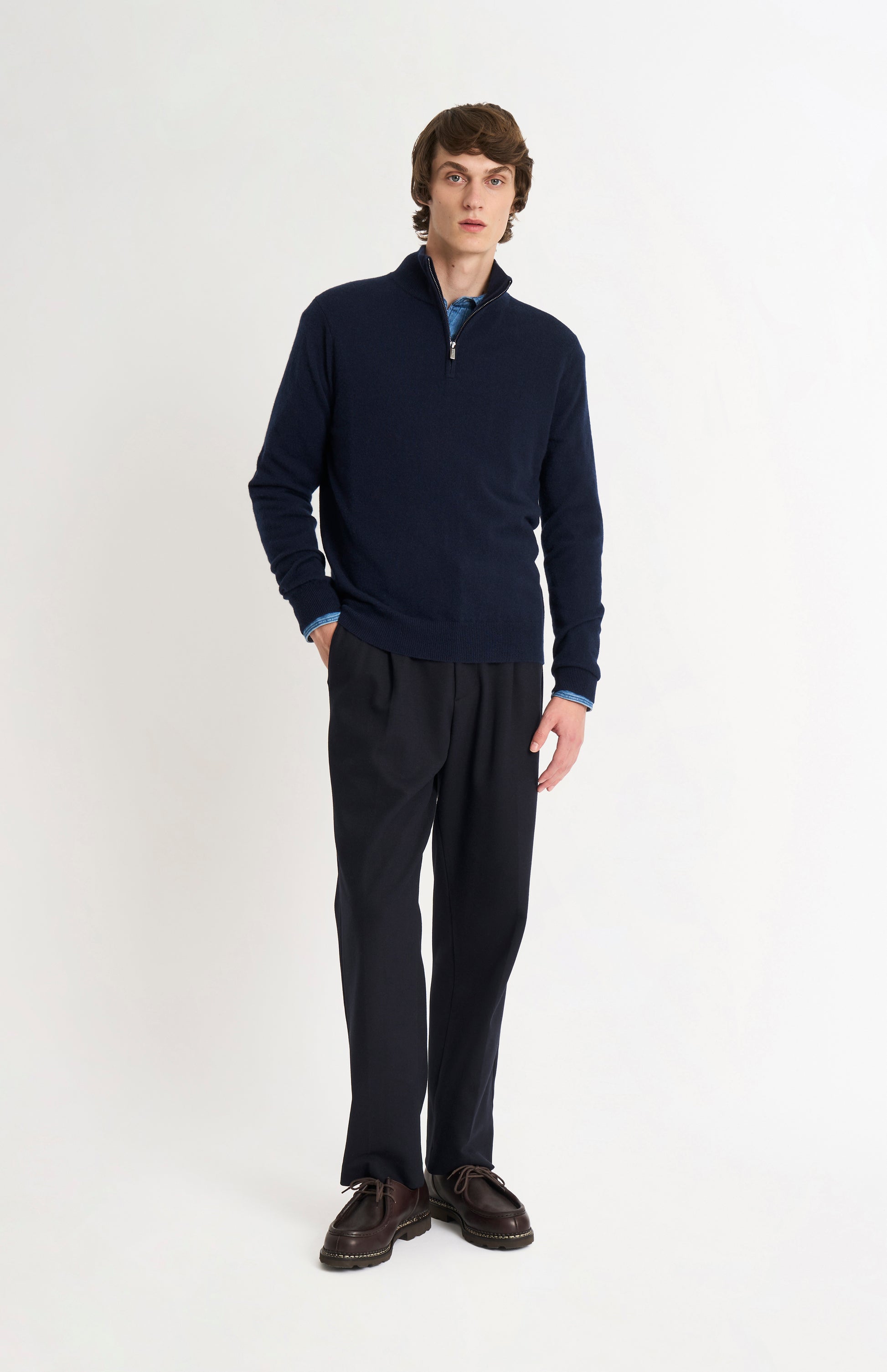 Pringle of Scotland Men’s Cashmere Qtr Zip Jumper In Navy Blue on standing model