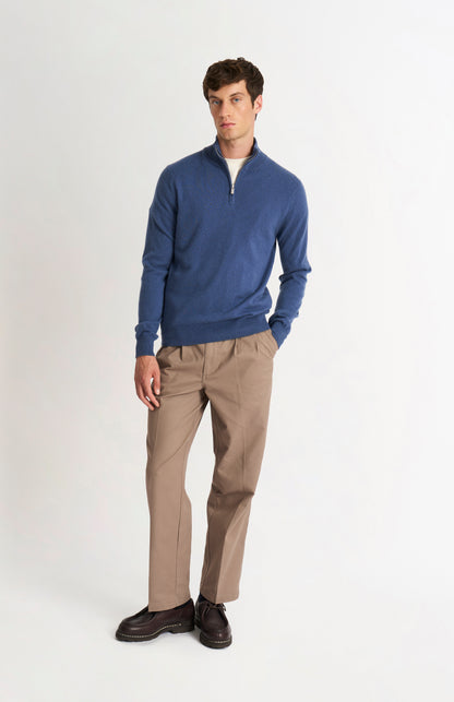Pringle of Scotland Men’s Cashmere Qtr Zip Jumper In Bering Sea Blue on standing model