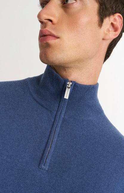 Pringle of Scotland Men’s Cashmere Qtr Zip Jumper In Bering Sea Blue showing zip detail