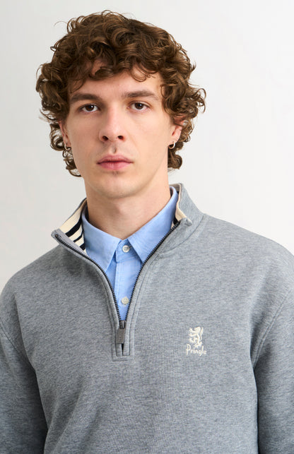 Pringle of Scotland Men's Qtr Zip Track Jumper In Grey Melange zip and neck detail
