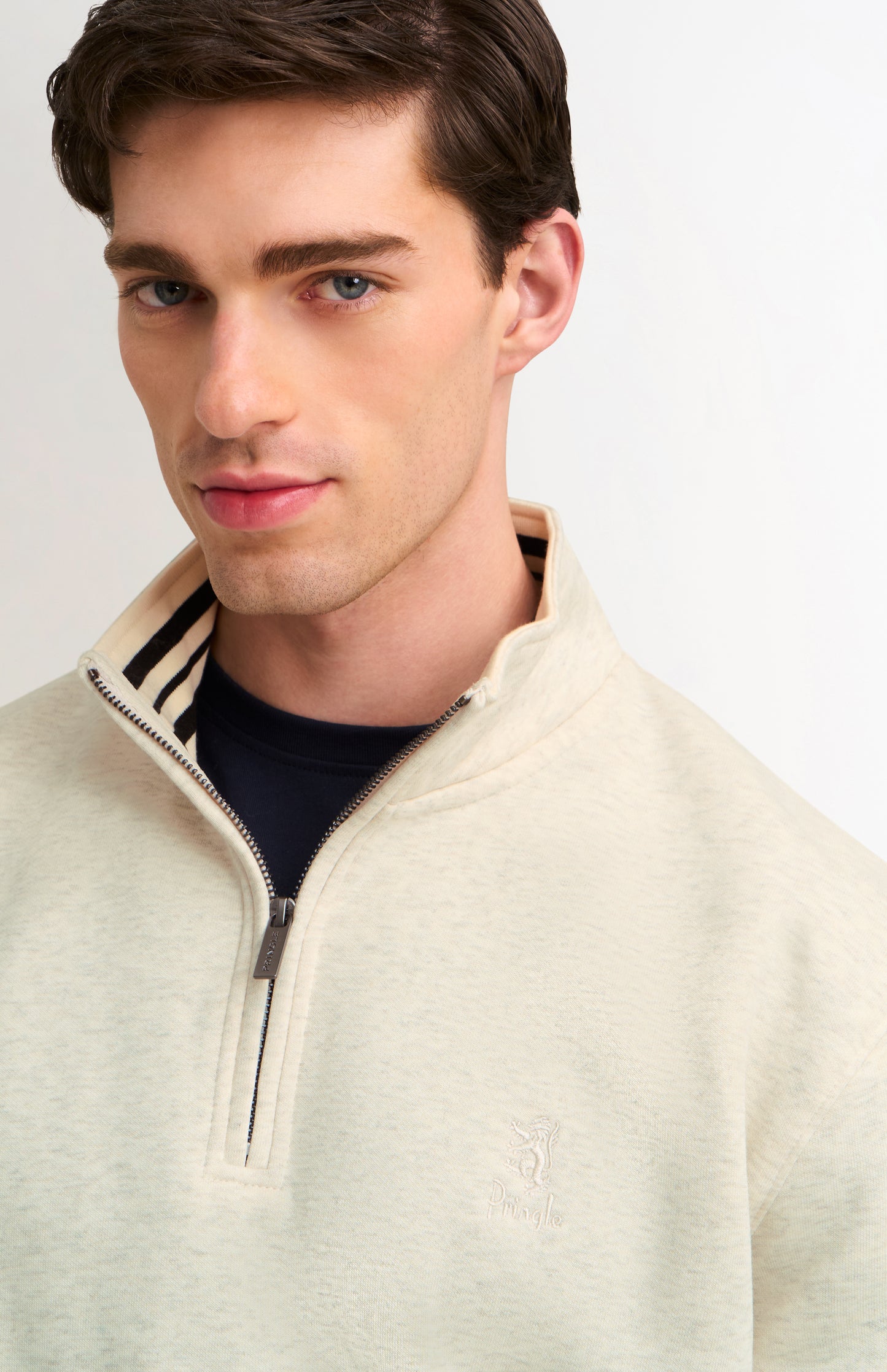 Men's Quarter Zip Track Jumper In Ecru Beige Melange