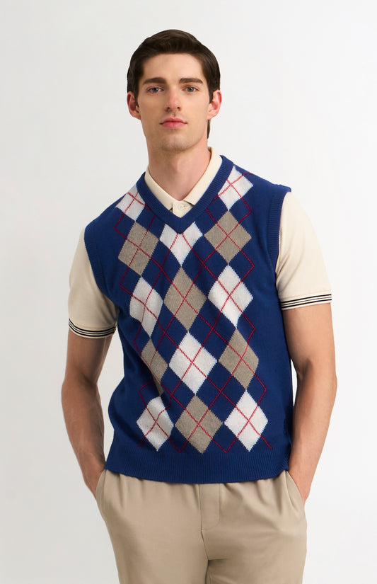 Men's Supersoft Lambswool Argyle V-neck Vest In Royal Blue