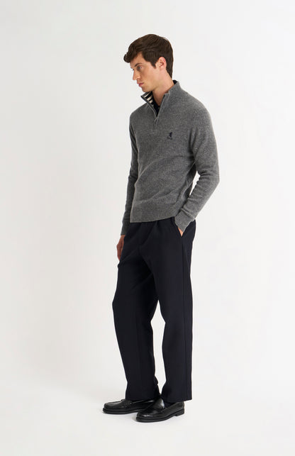 Pringle of Scotland Men’s Lambswool Qtr Zip Jumper In Grey Melange on standing model