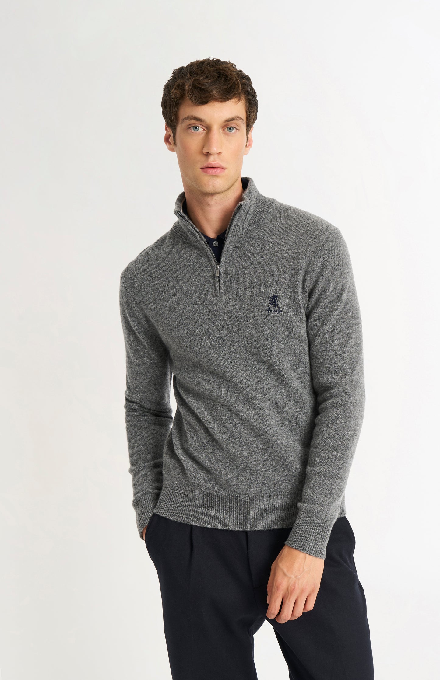 Pringle of Scotland Men’s Lambswool Qtr Zip Jumper In Grey Melange on model