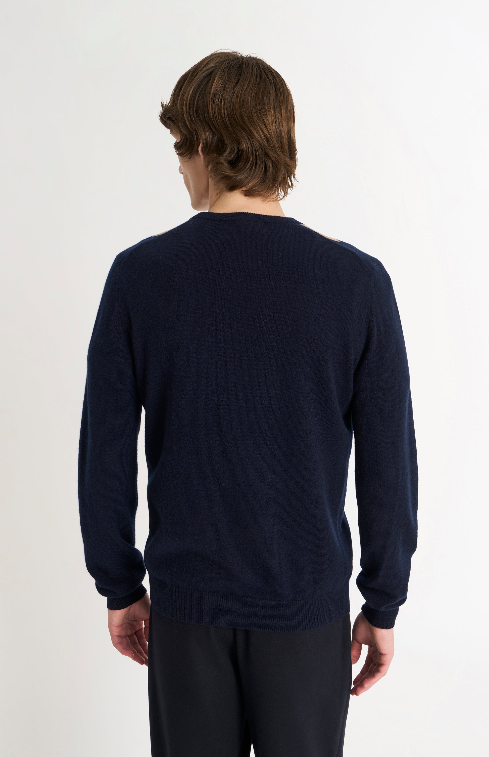 Pringle Men's Crew Neck Cashmere Argyle Jumper in Navy, Camel & Blue rear view