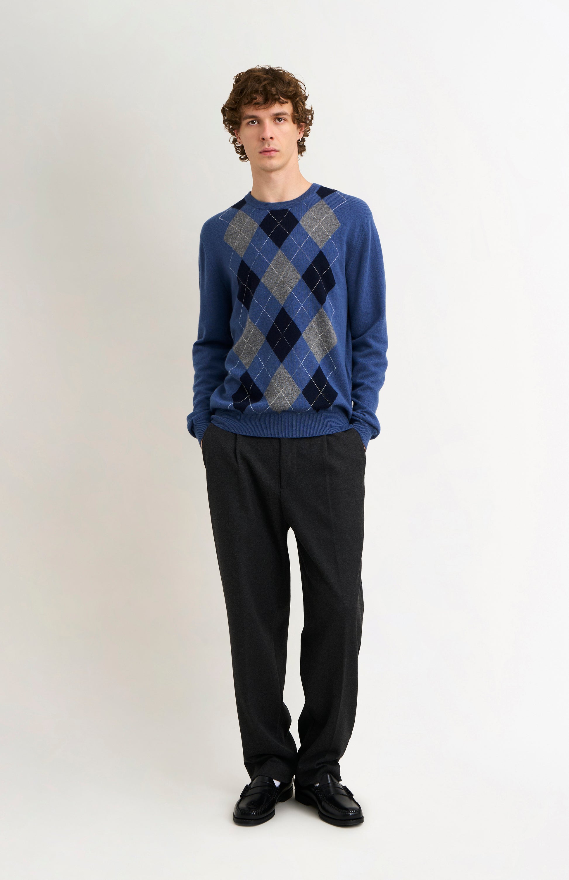 Pringle Men's Crew Neck Cashmere Argyle Jumper in Blue, Navy & Grey on model full length