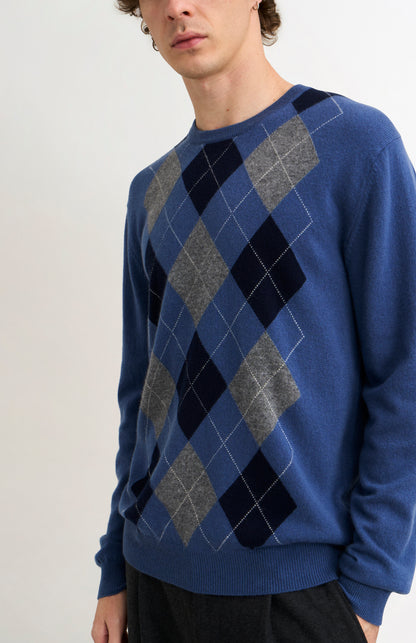 Pringle Men's Crew Neck Cashmere Argyle Jumper in Blue, Navy & Grey