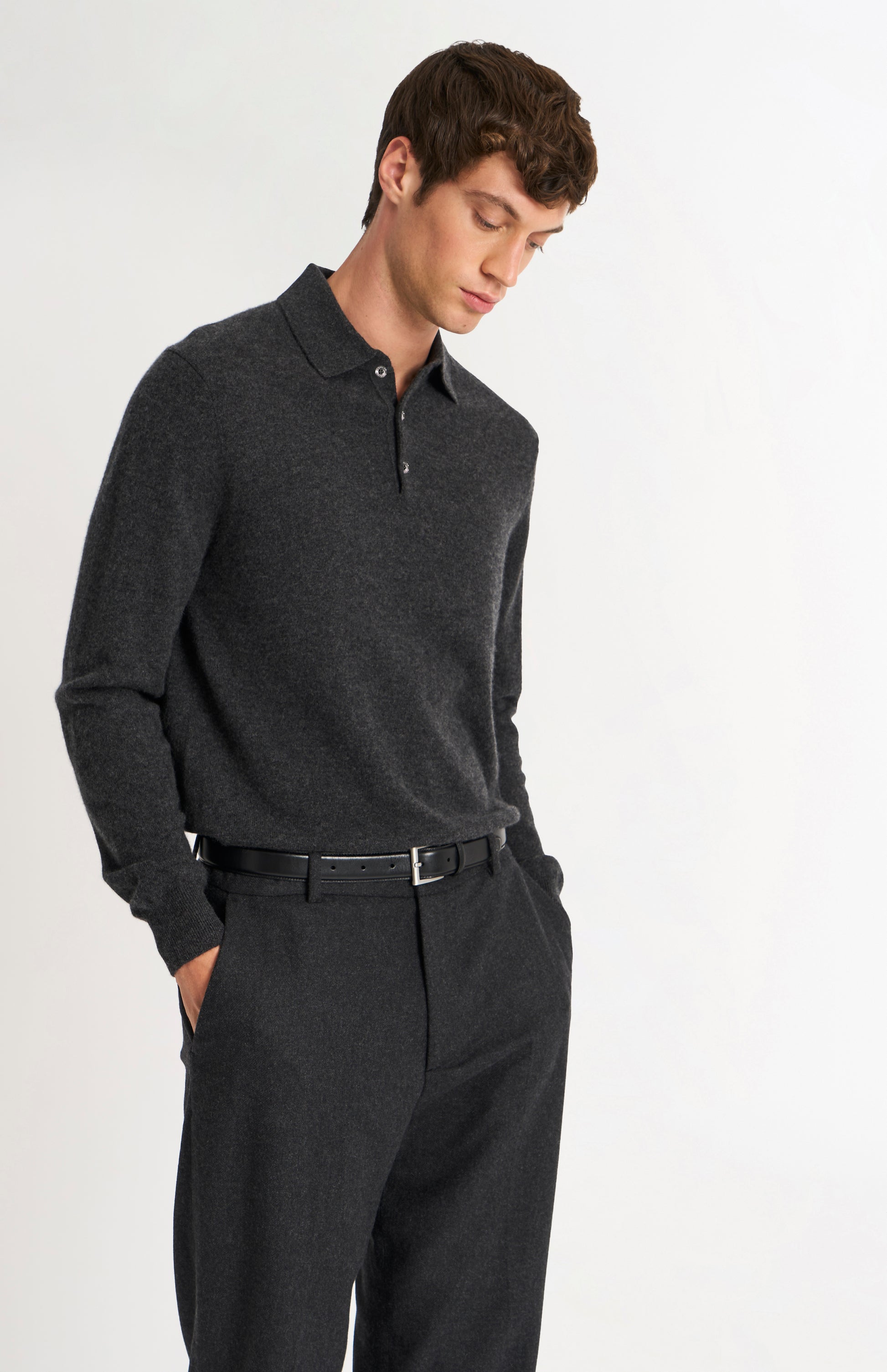 Pringle of Scotland Men’s Cashmere Polo Shirt Jumper In Charcoal  on model