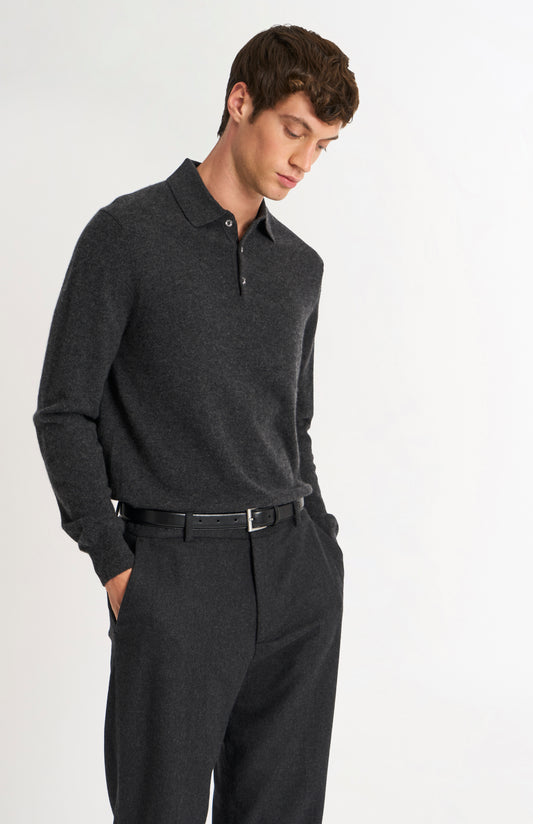 Pringle of Scotland Men’s Cashmere Polo Shirt Jumper In Charcoal  on model
