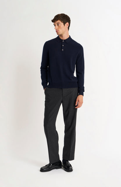 Pringle of Scotland Men’s Cashmere Polo Neck Jumper In Navy Blue on standing model