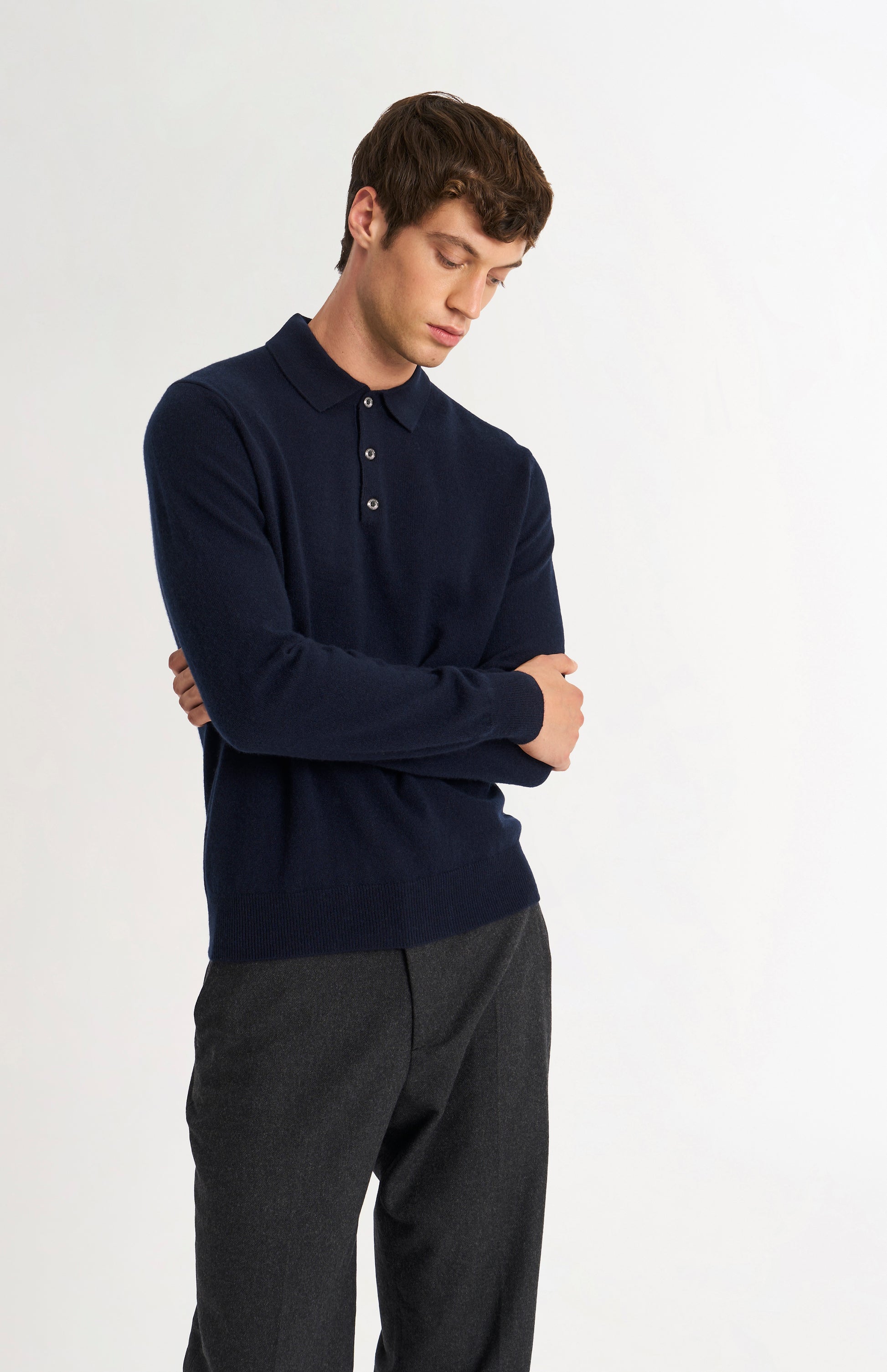 Pringle of Scotland Men’s Cashmere Polo Neck Jumper In Navy Blue on model