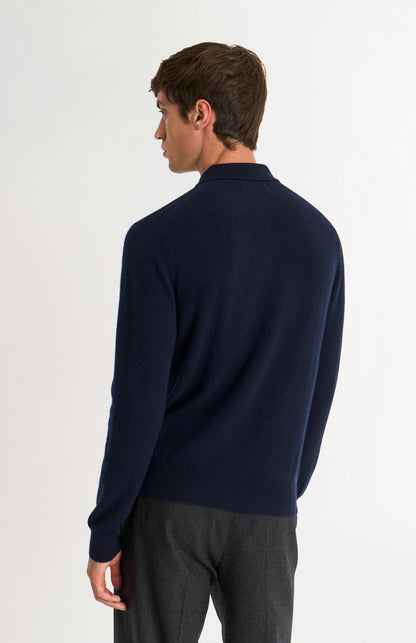 Pringle of Scotland Men’s Cashmere Polo Neck Jumper In Navy Blue rear view