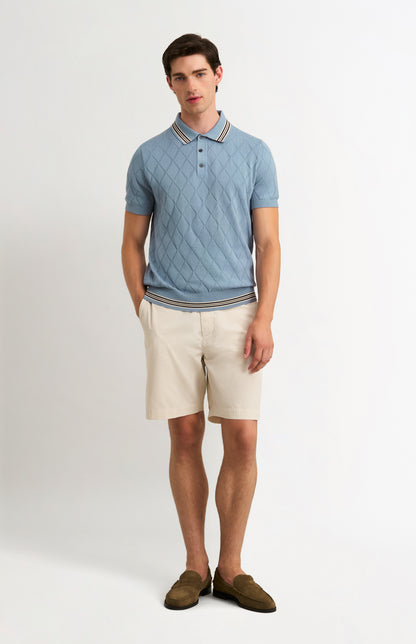 Men's Cotton And Silk Textured Argyle Polo Shirt In Light Blue