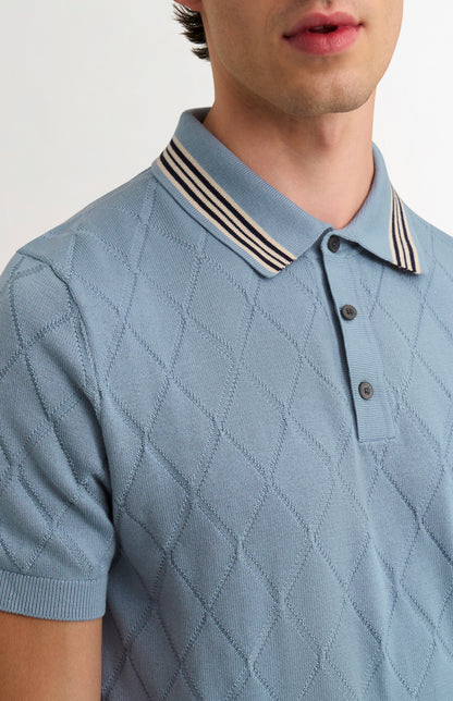 Men's Cotton And Silk Textured Argyle Polo Shirt In Light Blue